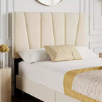 Cadre de lit double rembourré avec tête de lit réglable – Cadre de lit plateforme capitonné en velours, sommier tapissier non requis, beige