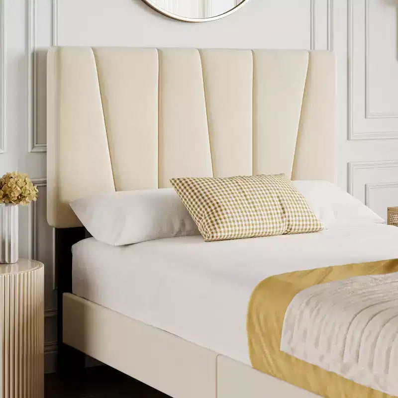 Bed Frame, Upholstered Full Size with Adjustable Headboard - Velvet Tufted Platform Bedframe, No Box Spring Needed, Beige