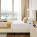 Cadre de lit double rembourré avec tête de lit réglable – Cadre de lit plateforme capitonné en velours, sommier tapissier non requis, beige