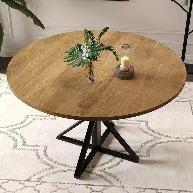 47 Wooden Circle Coffee Table with Metal Pedestal & 4 Parts of Tabletop, Save Space for Home Kitchen