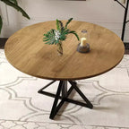 Table basse ronde en bois de 120 cm avec piédestal en métal et plateau en 4 parties, peu encombrante pour la cuisine ou la maison