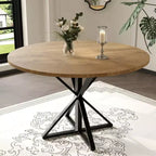 Table basse ronde en bois de 120 cm avec piédestal en métal et plateau en 4 parties, peu encombrante pour la cuisine ou la maison