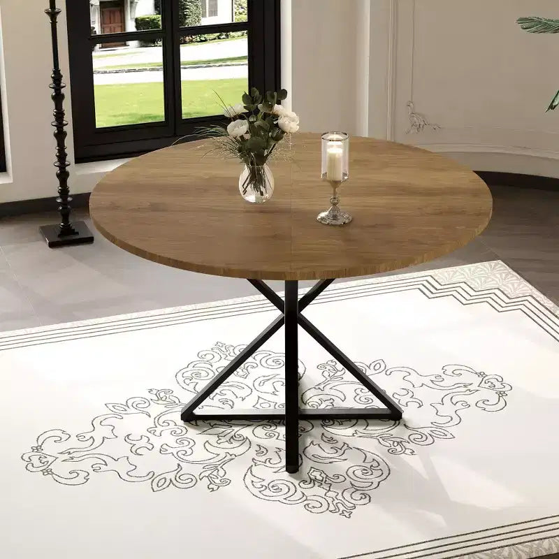 47 Wooden Circle Coffee Table with Metal Pedestal & 4 Parts of Tabletop, Save Space for Home Kitchen