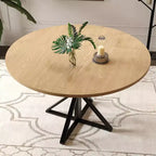 Table basse ronde en bois de 120 cm avec piédestal en métal et plateau en 4 parties, peu encombrante pour la cuisine ou la maison