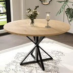Table basse ronde en bois de 120 cm avec piédestal en métal et plateau en 4 parties, peu encombrante pour la cuisine ou la maison