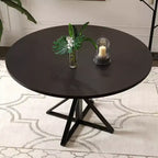 Table basse ronde en bois de 120 cm avec piédestal en métal et plateau en 4 parties, peu encombrante pour la cuisine ou la maison