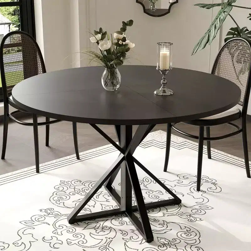 47 Wooden Circle Coffee Table with Metal Pedestal & 4 Parts of Tabletop, Save Space for Home Kitchen