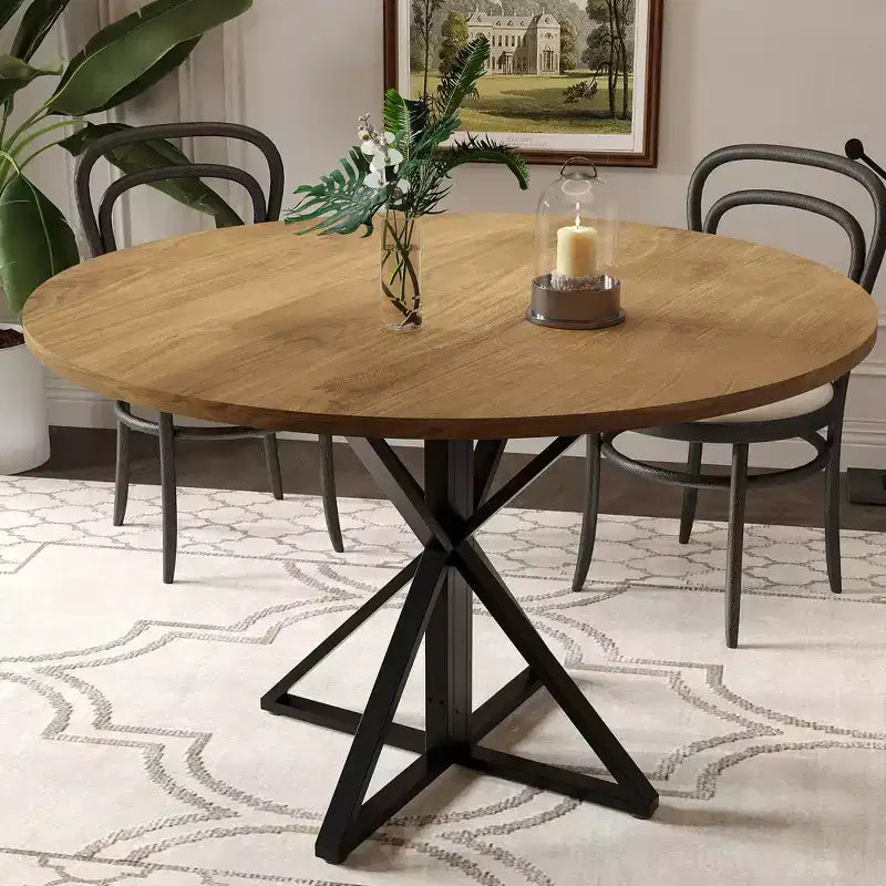 47 Wooden Circle Coffee Table with Metal Pedestal & 4 Parts of Tabletop, Save Space for Home Kitchen