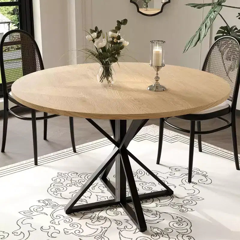47 Wooden Circle Coffee Table with Metal Pedestal & 4 Parts of Tabletop, Save Space for Home Kitchen