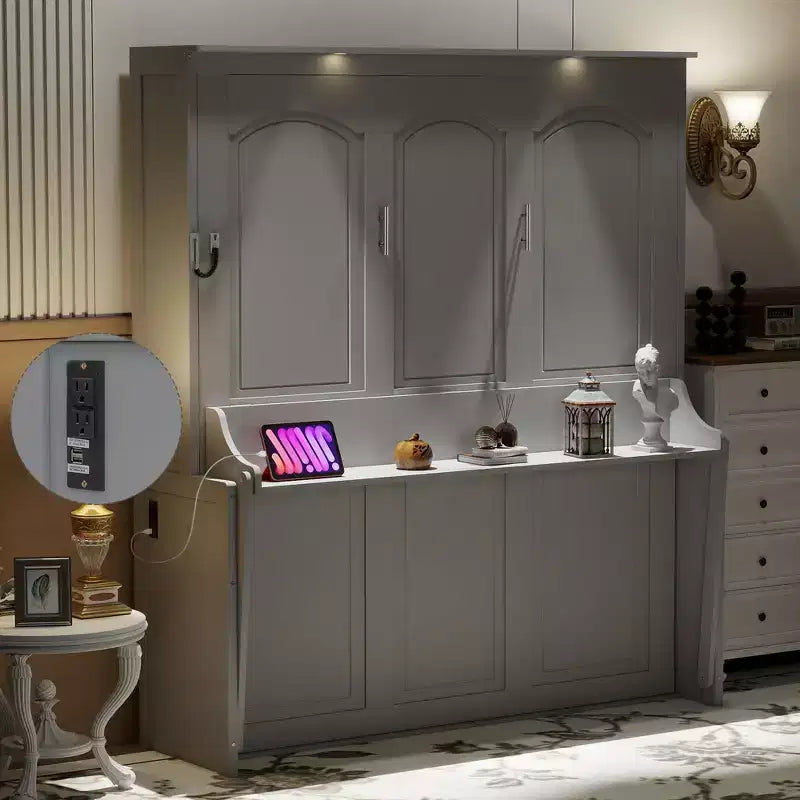 Queen Murphy Bed with Desk, LED Lights & USB Charging Station