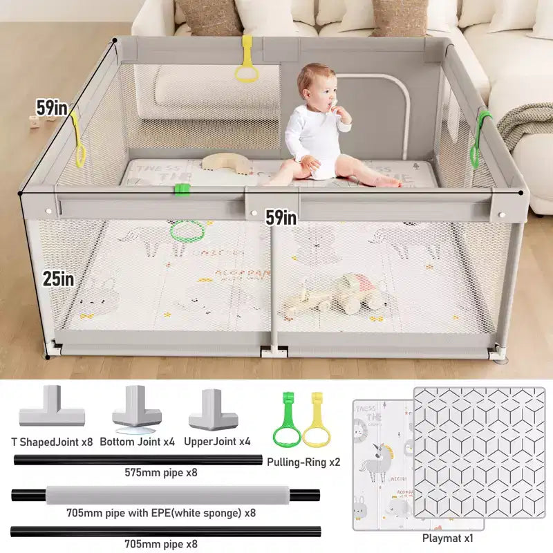 Baby Playpen with Mat 59 x59 In Playpen for Babies and Toddlers, Indoor & Outdoor Activity Center, Safety Baby Fence