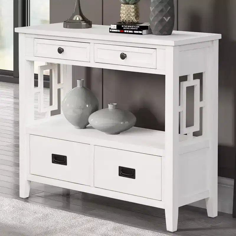 Vintage Solid Wood Console Table with 4 Drawers and Open Shelf