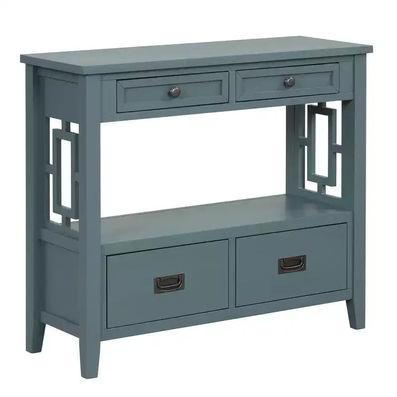 Vintage Solid Wood Console Table with 4 Drawers and Open Shelf