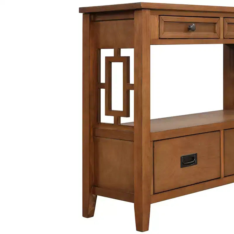 Vintage Solid Wood Console Table with 4 Drawers and Open Shelf