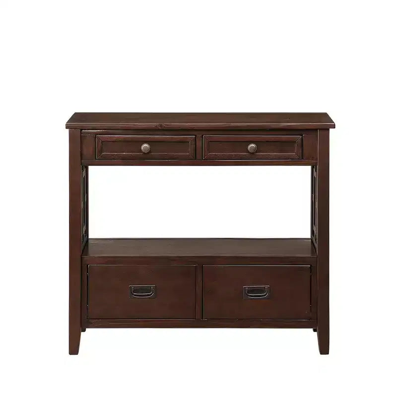 Vintage Solid Wood Console Table with 4 Drawers and Open Shelf