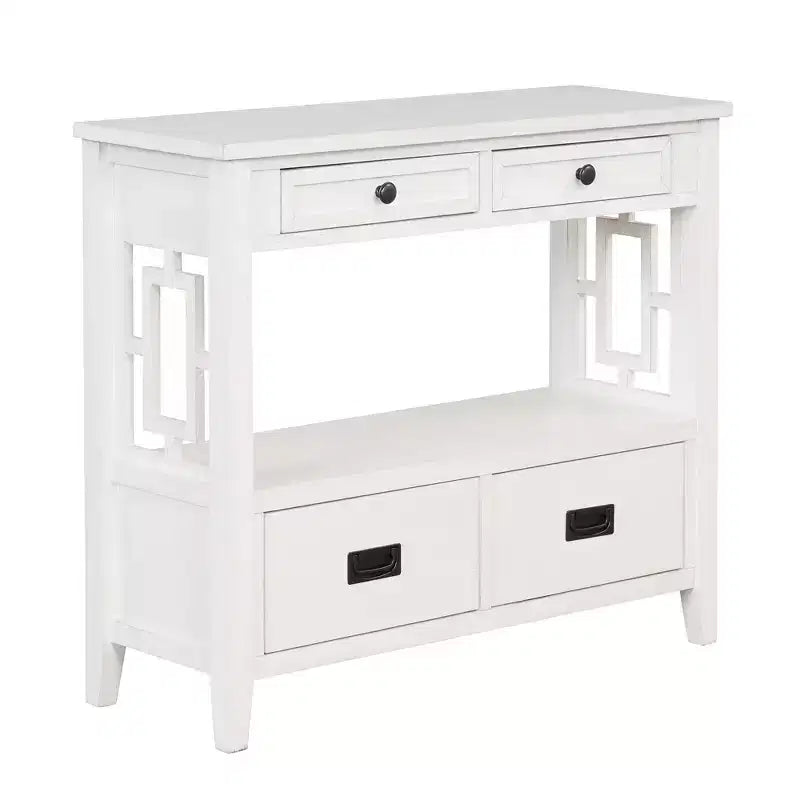 Vintage Solid Wood Console Table with 4 Drawers and Open Shelf