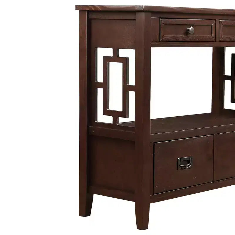 Vintage Solid Wood Console Table with 4 Drawers and Open Shelf
