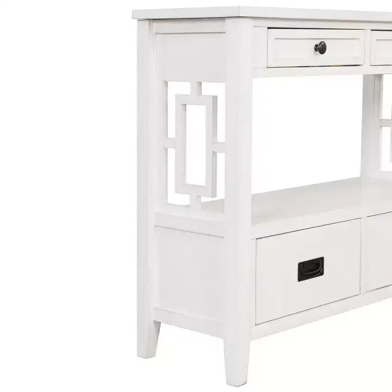 Vintage Solid Wood Console Table with 4 Drawers and Open Shelf