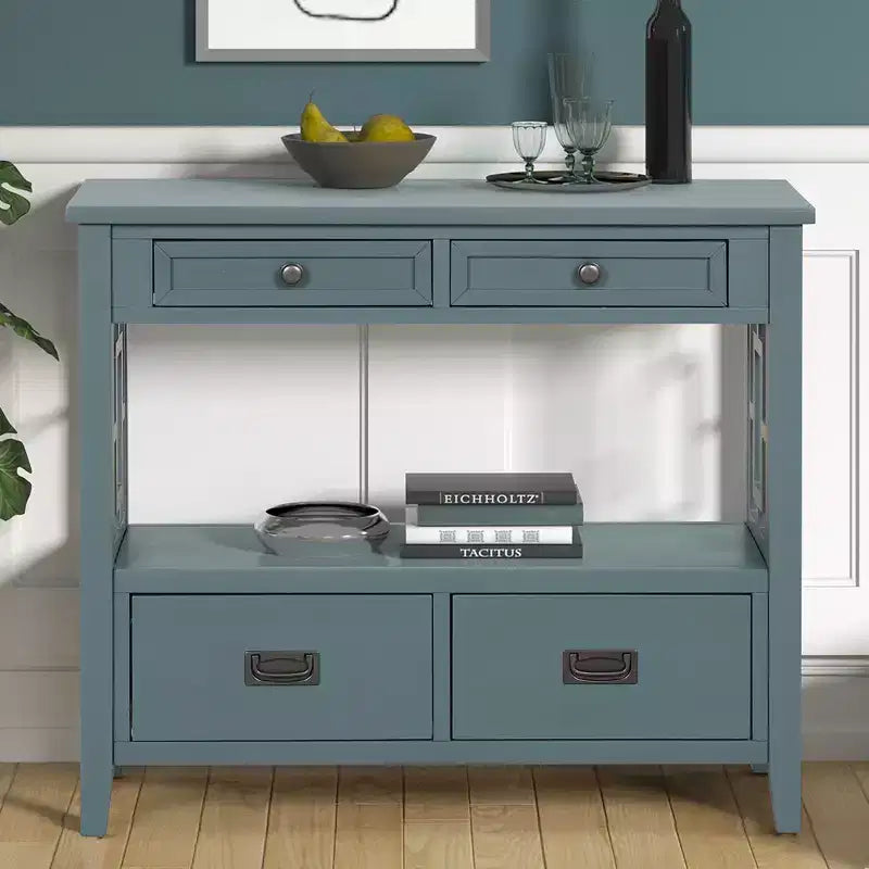 Vintage Solid Wood Console Table with 4 Drawers and Open Shelf