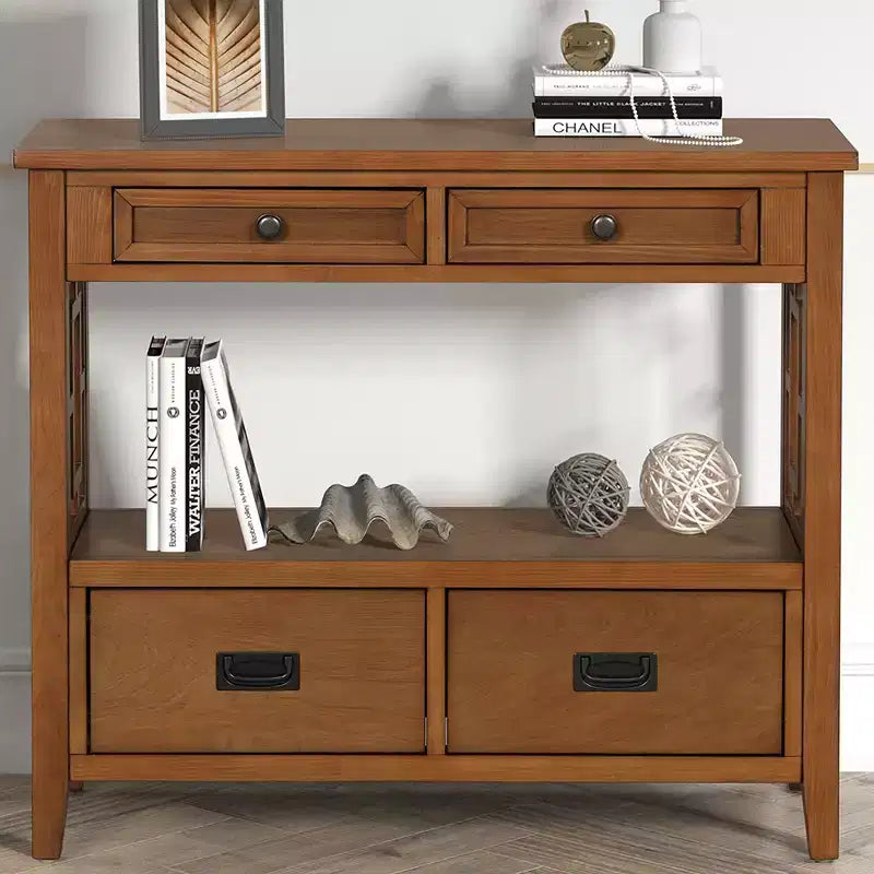 Vintage Solid Wood Console Table with 4 Drawers and Open Shelf
