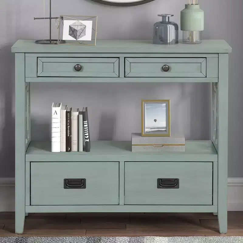 Vintage Solid Wood Console Table with 4 Drawers and Open Shelf
