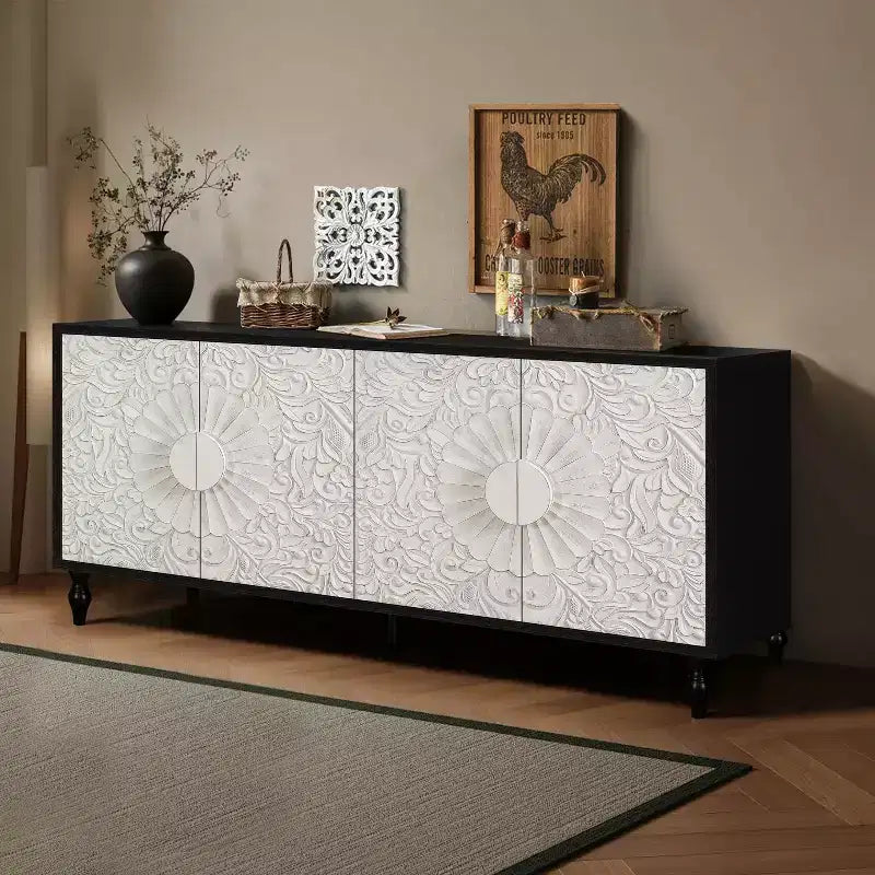 Storage Cabinet with Carved Flower Door, Entryway Cabinet with Metal Handle Sideboard Cabinet for Living Room