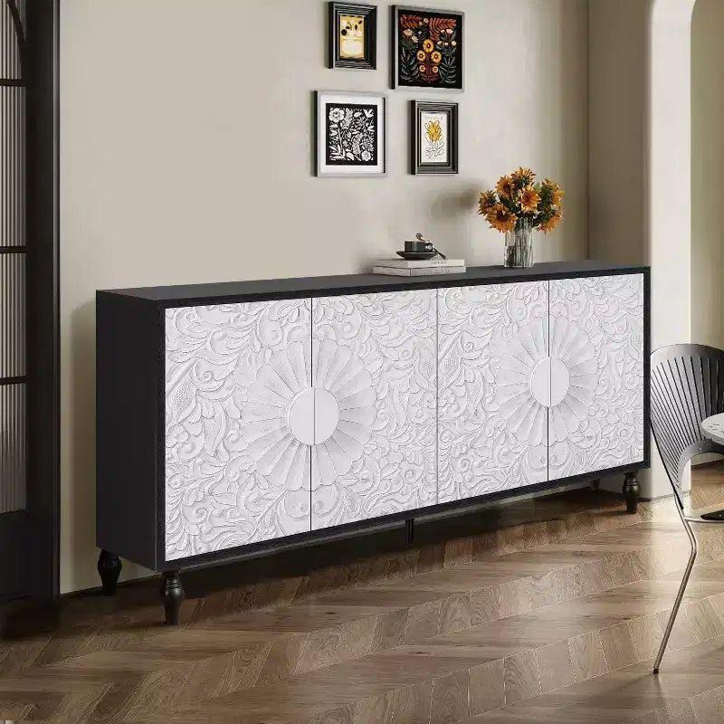 Storage Cabinet with Carved Flower Door, Entryway Cabinet with Metal Handle Sideboard Cabinet for Living Room