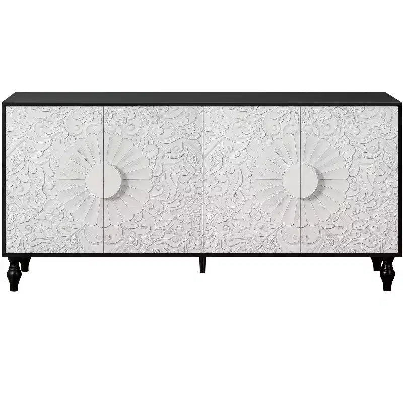 Storage Cabinet with Carved Flower Door, Entryway Cabinet with Metal Handle Sideboard Cabinet for Living Room