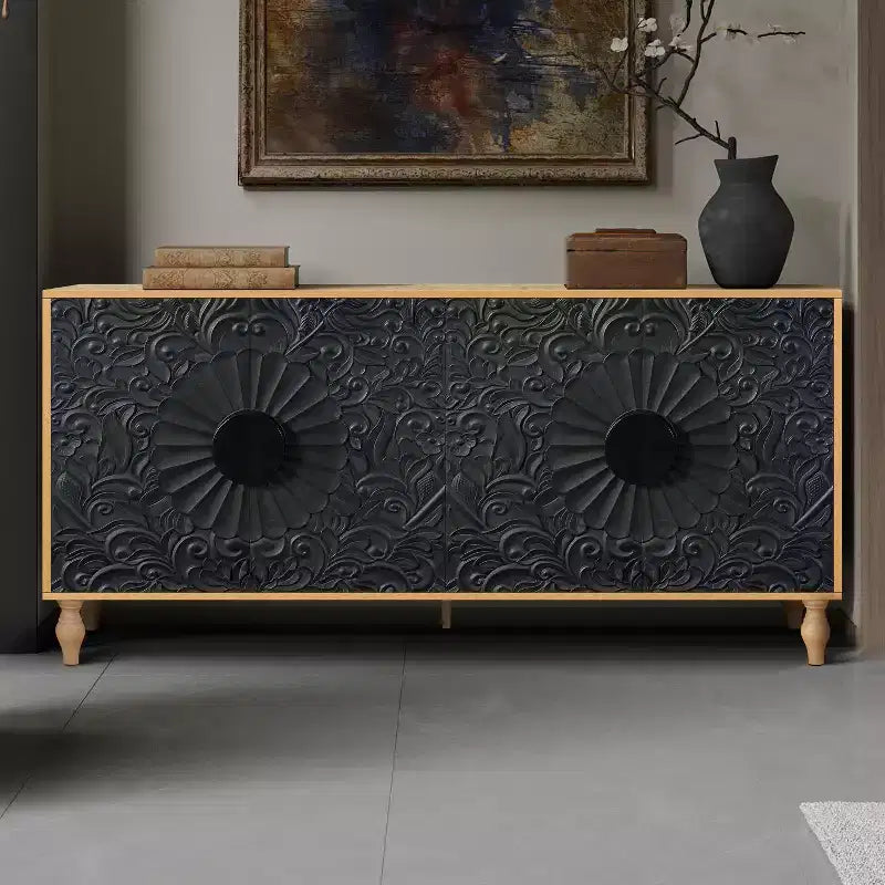 Storage Cabinet with Carved Flower Door, Entryway Cabinet with Metal Handle Sideboard Cabinet for Living Room