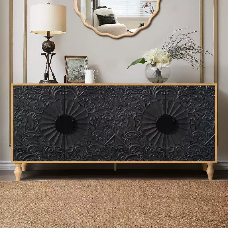 Storage Cabinet with Carved Flower Door, Entryway Cabinet with Metal Handle Sideboard Cabinet for Living Room