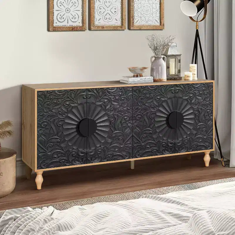 Storage Cabinet with Carved Flower Door, Entryway Cabinet with Metal Handle Sideboard Cabinet for Living Room