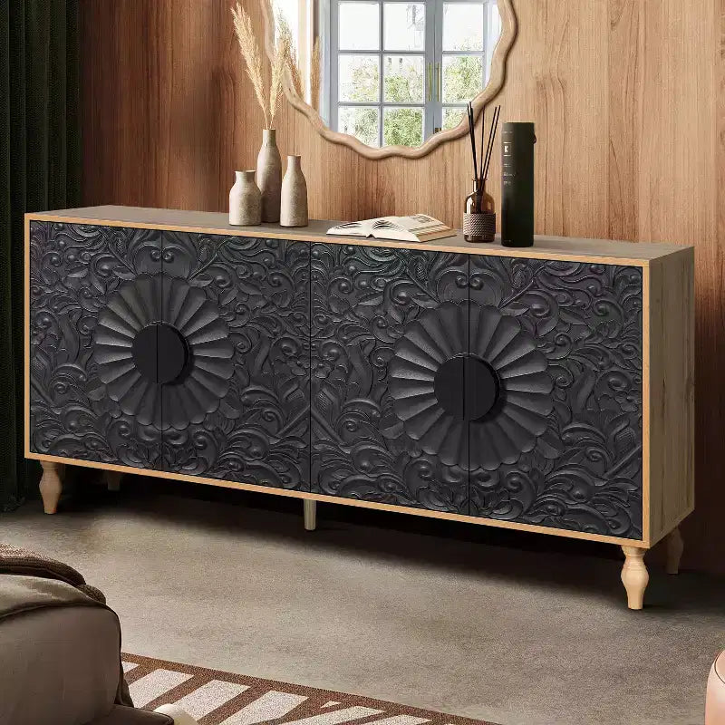 Storage Cabinet with Carved Flower Door, Entryway Cabinet with Metal Handle Sideboard Cabinet for Living Room