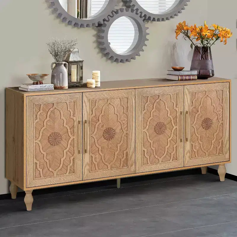 Storage Cabinet with Carved Flower Door, Entryway Cabinet with Metal Handle Sideboard Cabinet for Living Room