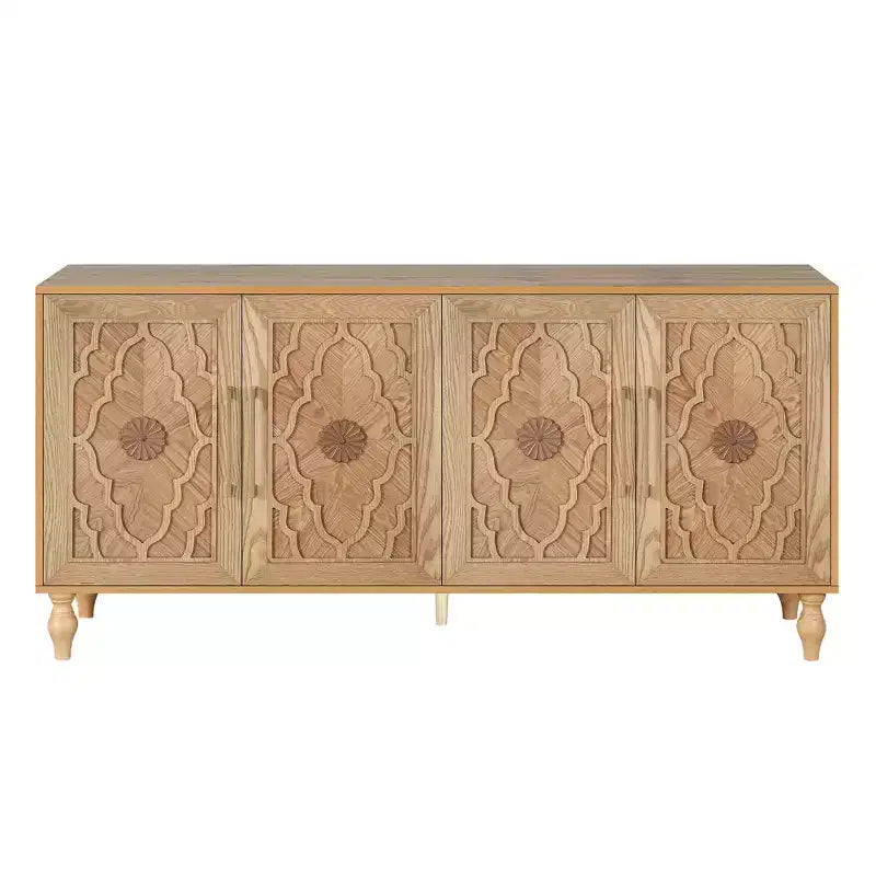 Storage Cabinet with Carved Flower Door, Entryway Cabinet with Metal Handle Sideboard Cabinet for Living Room