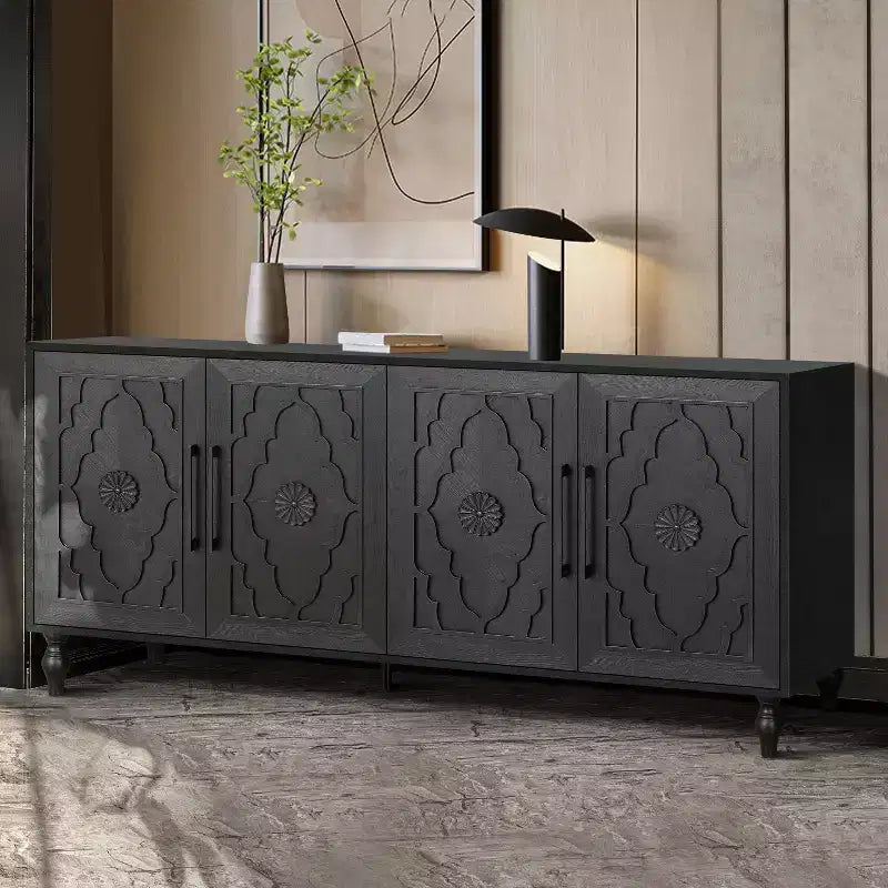 Storage Cabinet with Carved Flower Door, Entryway Cabinet with Metal Handle Sideboard Cabinet for Living Room