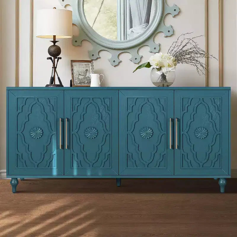 Storage Cabinet with Carved Flower Door, Entryway Cabinet with Metal Handle Sideboard Cabinet for Living Room