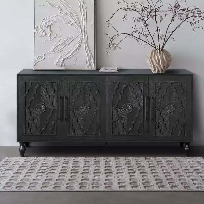 Storage Cabinet with Carved Flower Door, Entryway Cabinet with Metal Handle Sideboard Cabinet for Living Room