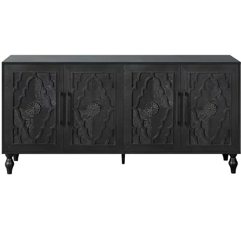 Storage Cabinet with Carved Flower Door, Entryway Cabinet with Metal Handle Sideboard Cabinet for Living Room