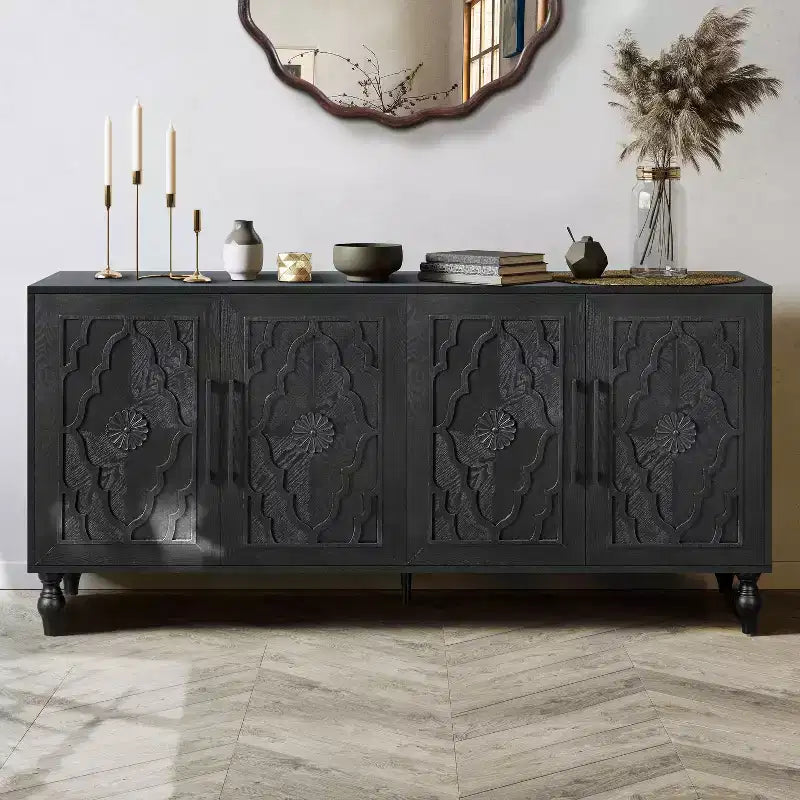 Storage Cabinet with Carved Flower Door, Entryway Cabinet with Metal Handle Sideboard Cabinet for Living Room