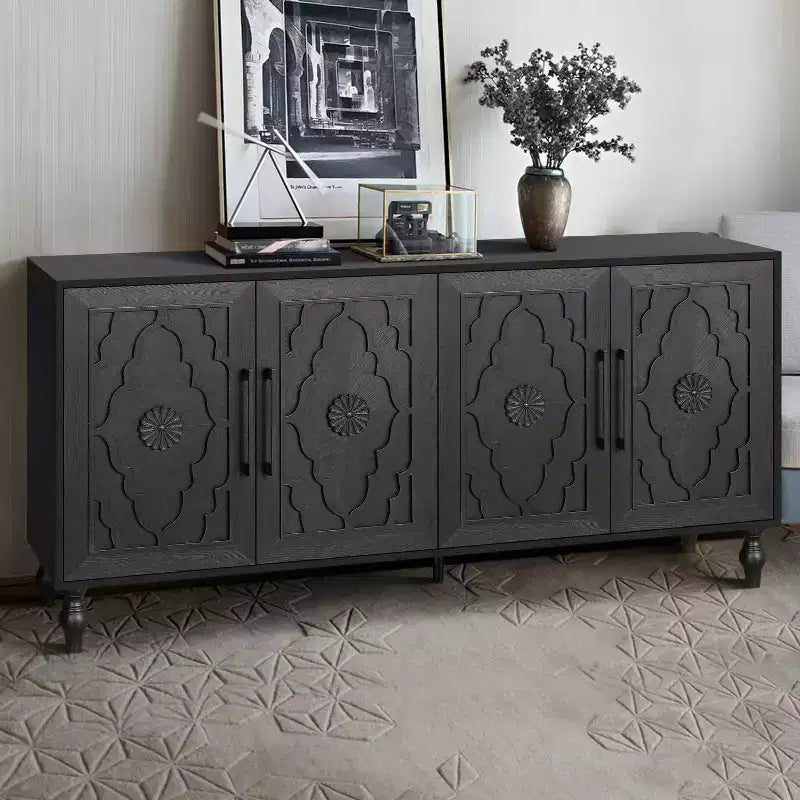 Storage Cabinet with Carved Flower Door, Entryway Cabinet with Metal Handle Sideboard Cabinet for Living Room