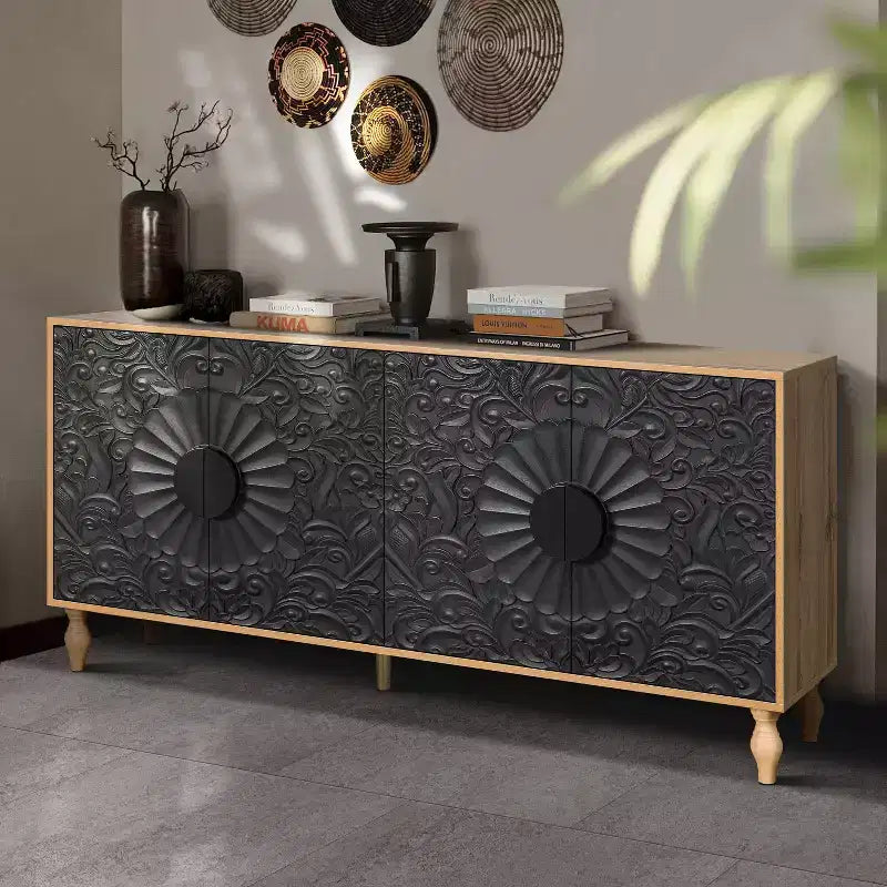 Storage Cabinet with Carved Flower Door, Entryway Cabinet with Metal Handle Sideboard Cabinet for Living Room