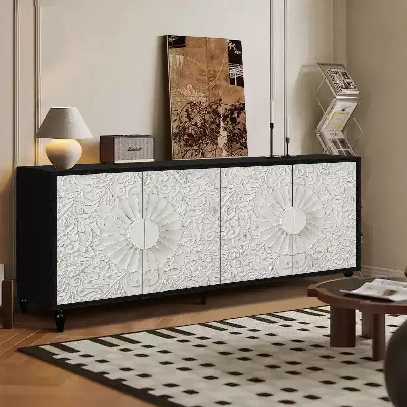 Storage Cabinet with Carved Flower Door, Entryway Cabinet with Metal Handle Sideboard Cabinet for Living Room