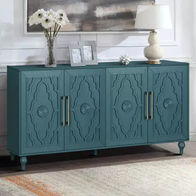 Storage Cabinet with Carved Flower Door, Entryway Cabinet with Metal Handle Sideboard Cabinet for Living Room