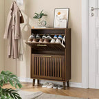 Okak 23.6in Modern Shoe Cabinet, Freestanding Shoe Organizer with 2 Flip Drawers, Shoe Storage Cabinet for Entryway, Living Room, Hallway, Walnut