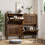 Meuble à chaussures moderne de 60 cm, organiseur de chaussures autonome avec 2 tiroirs basculants, armoire de rangement pour chaussures pour entrée, salon, couloir, noyer