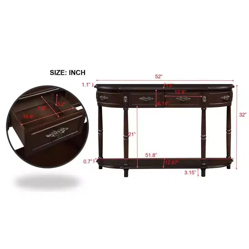 52'' Retro Curved Wood Console Table with Open Shelf and 2 Drawers for Living Room and Hallway, Espresso