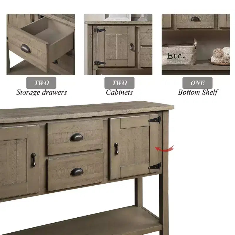 48'' Solid Wood Console Table with 2 Drawers and Cabinets for Living and Dining Room, Rustic
