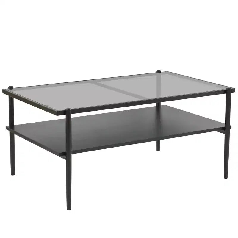 Rectangle Coffee Table with Gray Tempered Glass Top and Legs, Modern Living Room Table