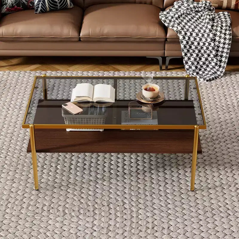 Rectangle Coffee Table with Gray Tempered Glass Top and Legs, Modern Living Room Table