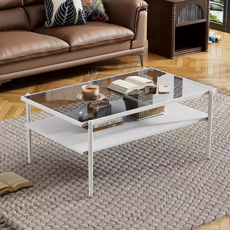 Rectangle Coffee Table with Gray Tempered Glass Top and Legs, Modern Living Room Table